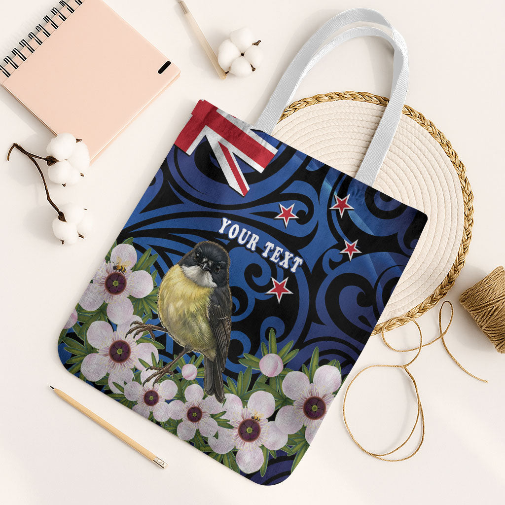 Tomtit New Zealand Personalised Tote Bag Miromiro Manuka Flower Maori Pattern LT22 White Strap One Size Blue - Polynesian Pride