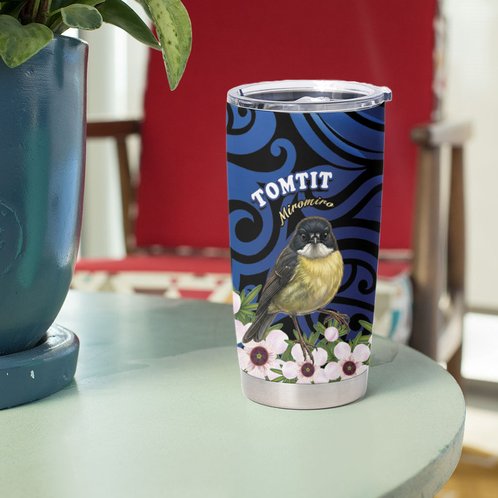 Tomtit New Zealand Personalised Tumbler Cup Miromiro Manuka Flower Maori Pattern
