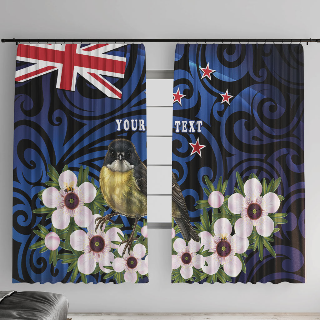 Tomtit New Zealand Personalised Window Curtain Miromiro Manuka Flower Maori Pattern LT22 With Hooks Blue - Polynesian Pride