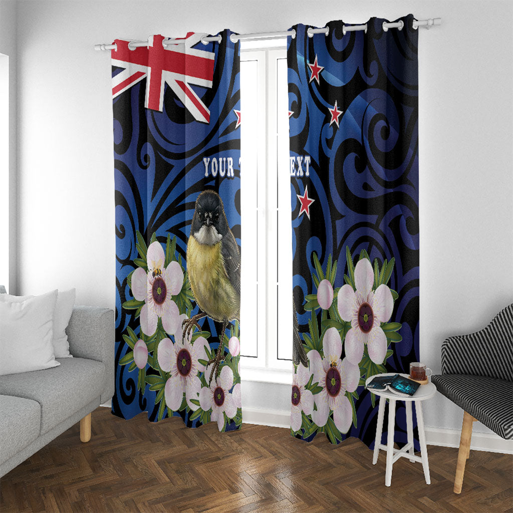 Tomtit New Zealand Personalised Window Curtain Miromiro Manuka Flower Maori Pattern LT22 With Grommets Blue - Polynesian Pride
