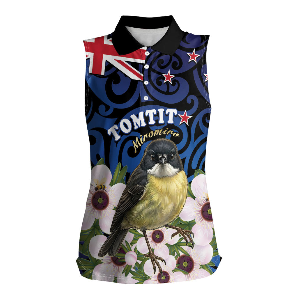 Tomtit New Zealand Personalised Women Sleeveless Polo Shirt Miromiro Manuka Flower Maori Pattern LT22 Female Blue - Polynesian Pride