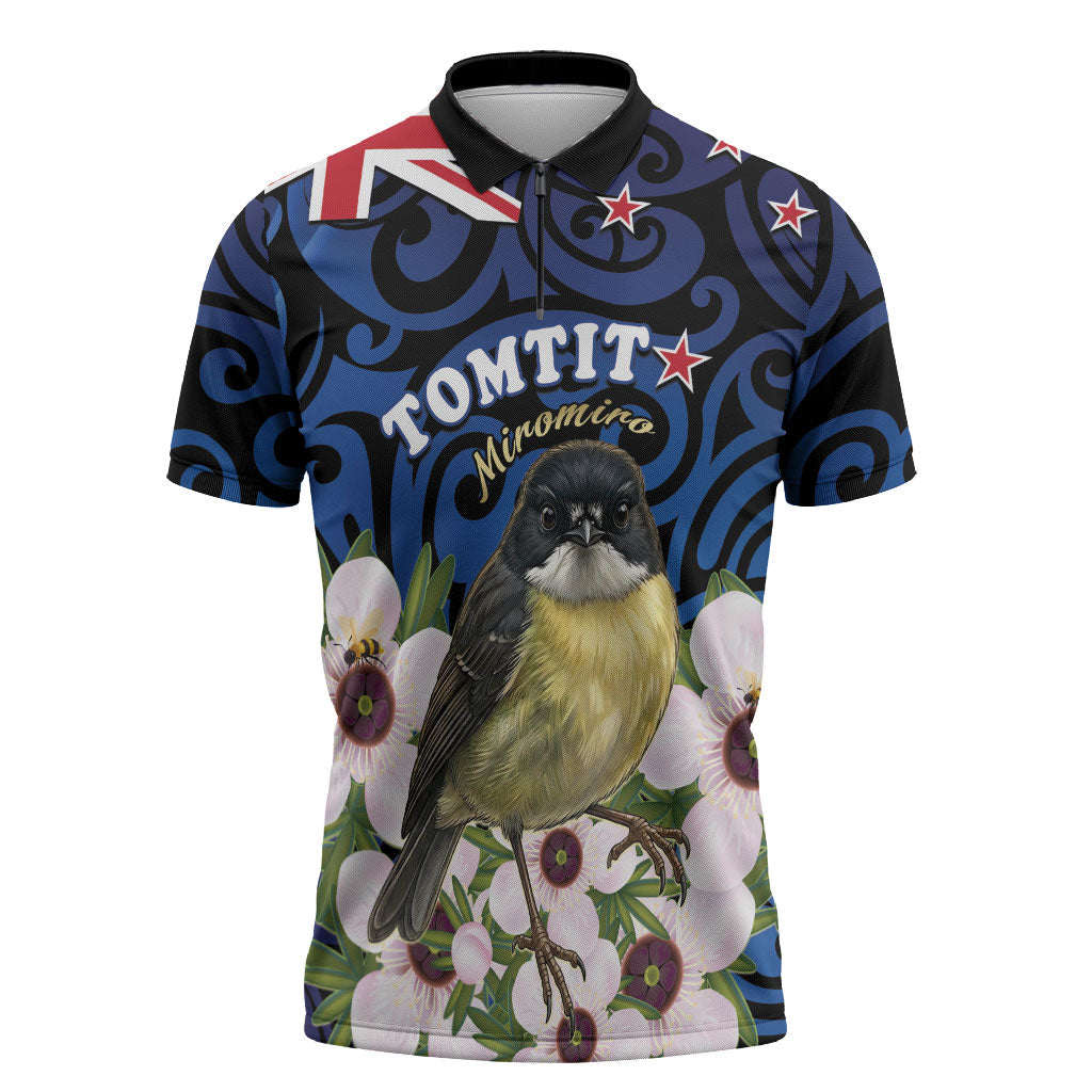 Tomtit New Zealand Personalised Zipper Polo Shirt Miromiro Manuka Flower Maori Pattern LT22 Blue - Polynesian Pride