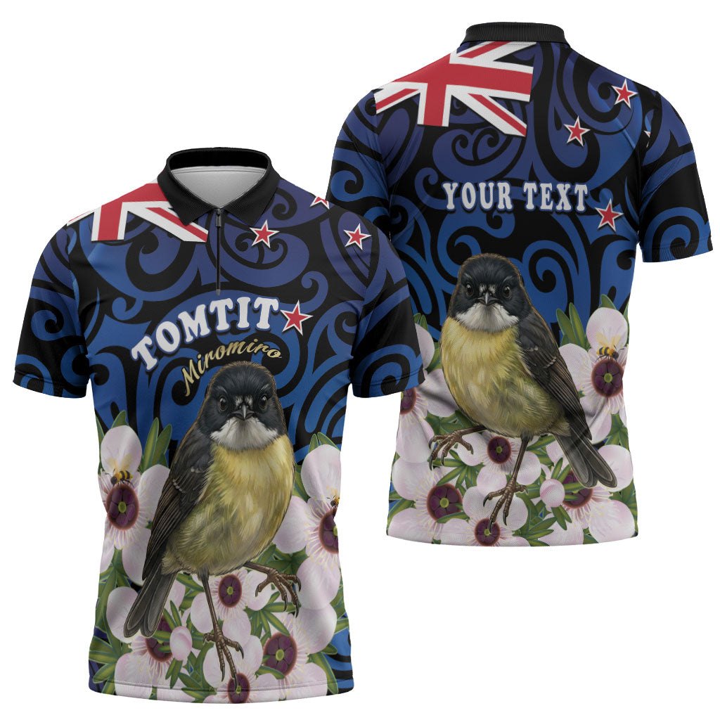 Tomtit New Zealand Personalised Zipper Polo Shirt Miromiro Manuka Flower Maori Pattern LT22 - Polynesian Pride