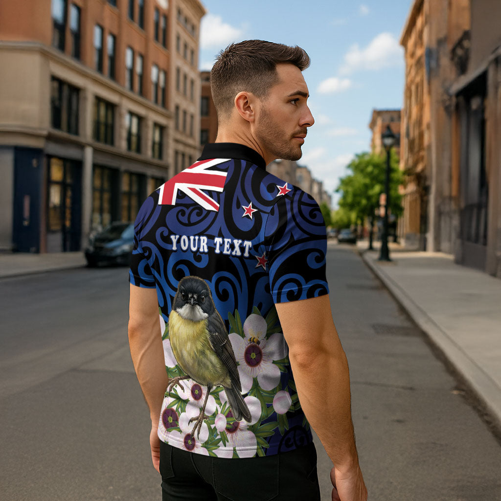 Tomtit New Zealand Personalised Zipper Polo Shirt Miromiro Manuka Flower Maori Pattern LT22 - Polynesian Pride