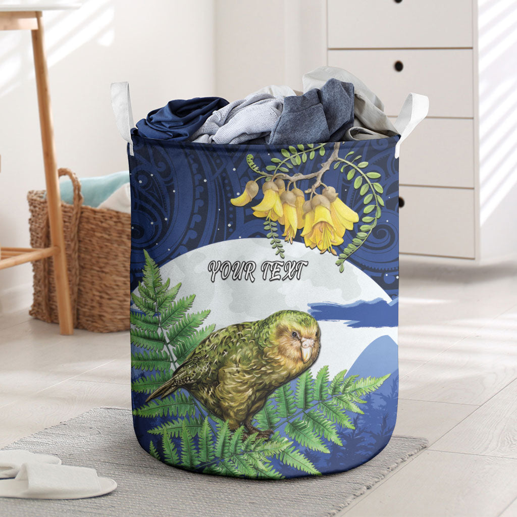 Kakapo New Zealand Personalised Laundry Basket Kowhai Flower Silver Fern Maori Pattern LT22 Blue - Polynesian Pride