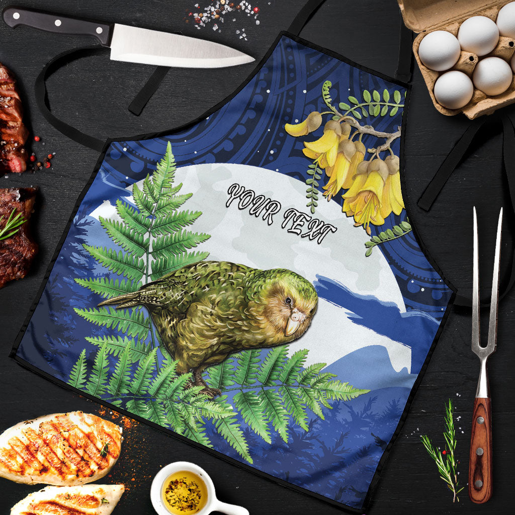 Kakapo New Zealand Personalised Apron Kowhai Flower Silver Fern Maori Pattern LT22 Blue - Polynesian Pride