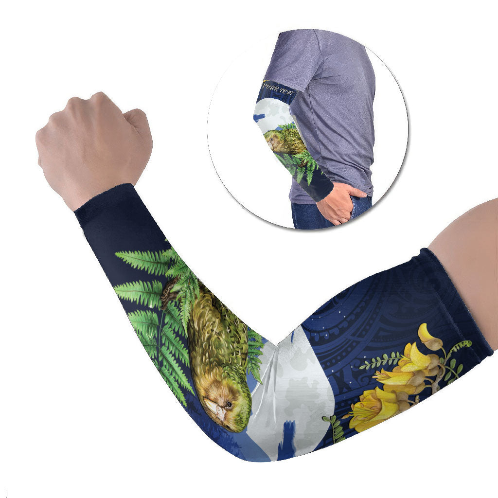 Kakapo New Zealand Personalised Arm Sleeves Kowhai Flower Silver Fern Maori Pattern LT22 Set of 2 Blue - Polynesian Pride