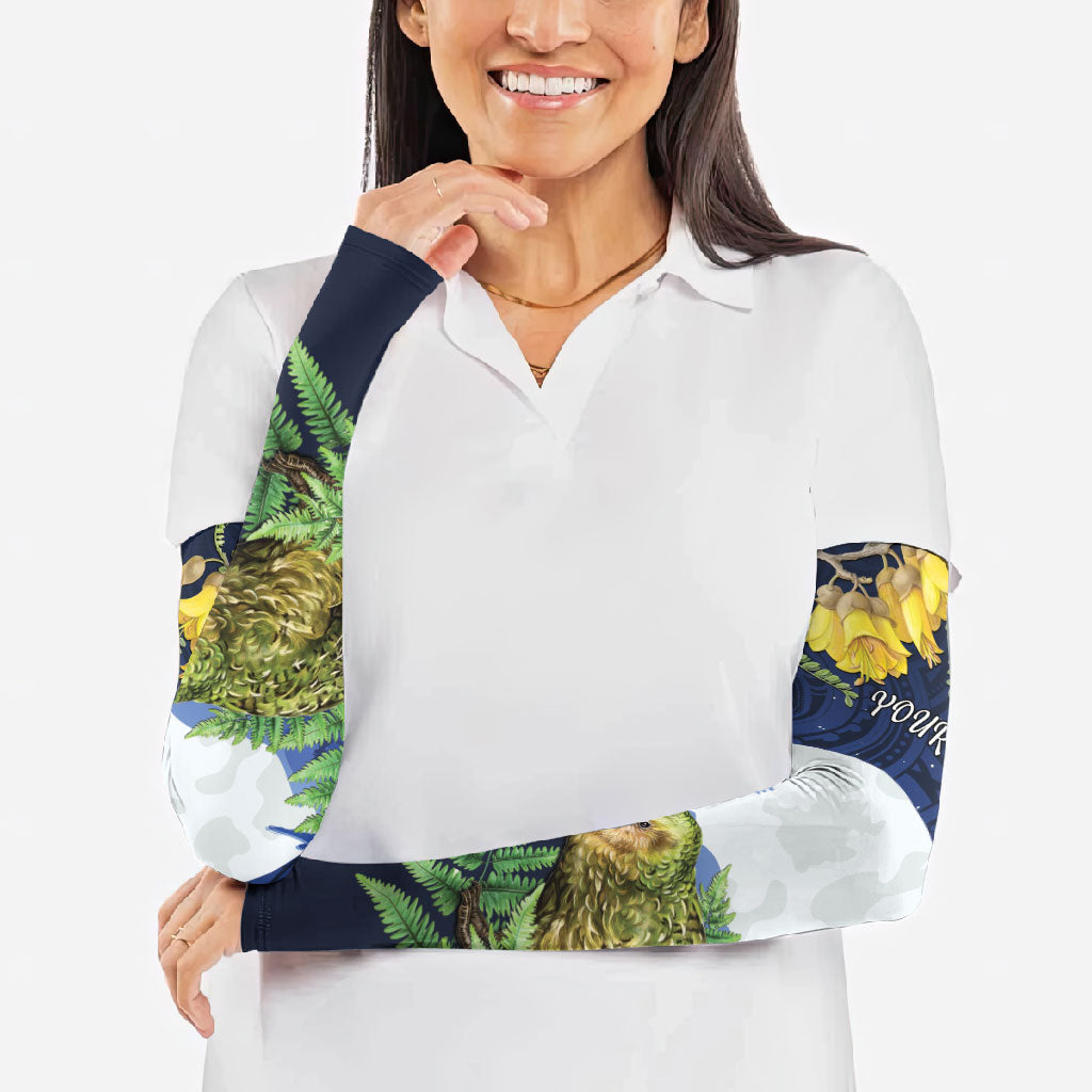Kakapo New Zealand Personalised Arm Sleeves Kowhai Flower Silver Fern Maori Pattern