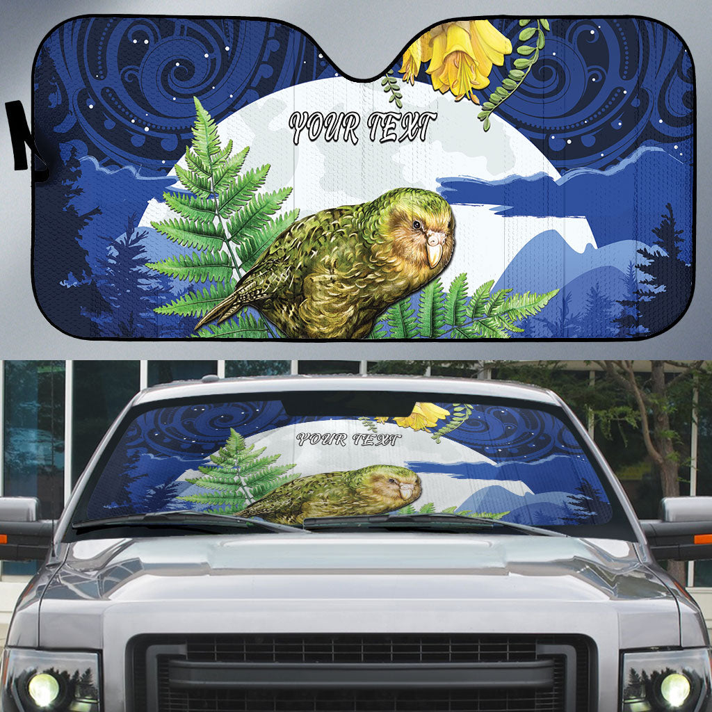 Kakapo New Zealand Personalised Auto Sun Shade Kowhai Flower Silver Fern Maori Pattern LT22 Blue - Polynesian Pride