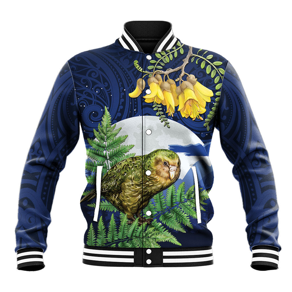 Kakapo New Zealand Personalised Baseball Jacket Kowhai Flower Silver Fern Maori Pattern LT22 Unisex Blue - Polynesian Pride