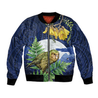 Kakapo New Zealand Personalised Bomber Jacket Kowhai Flower Silver Fern Maori Pattern