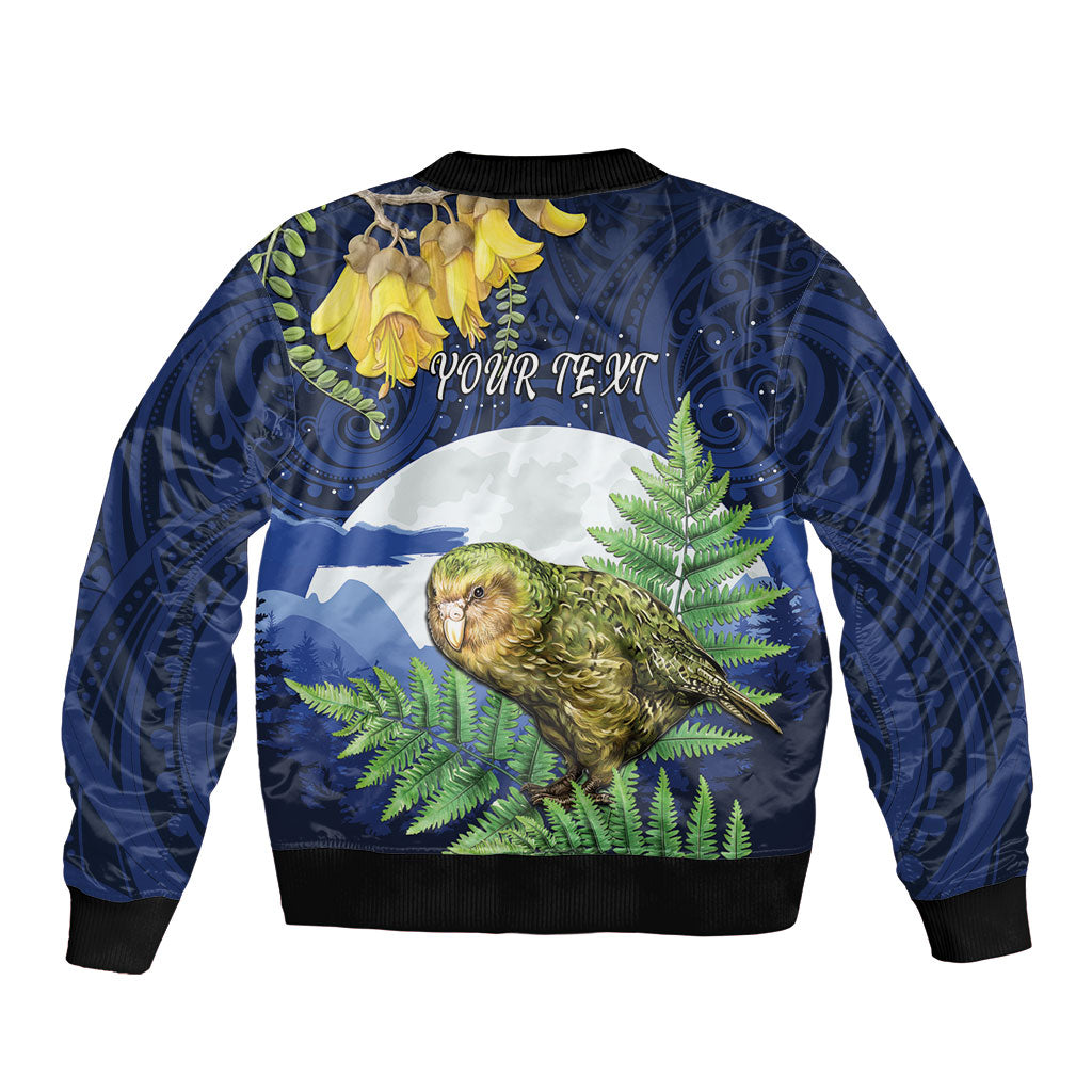 Kakapo New Zealand Personalised Bomber Jacket Kowhai Flower Silver Fern Maori Pattern