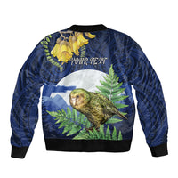 Kakapo New Zealand Personalised Bomber Jacket Kowhai Flower Silver Fern Maori Pattern