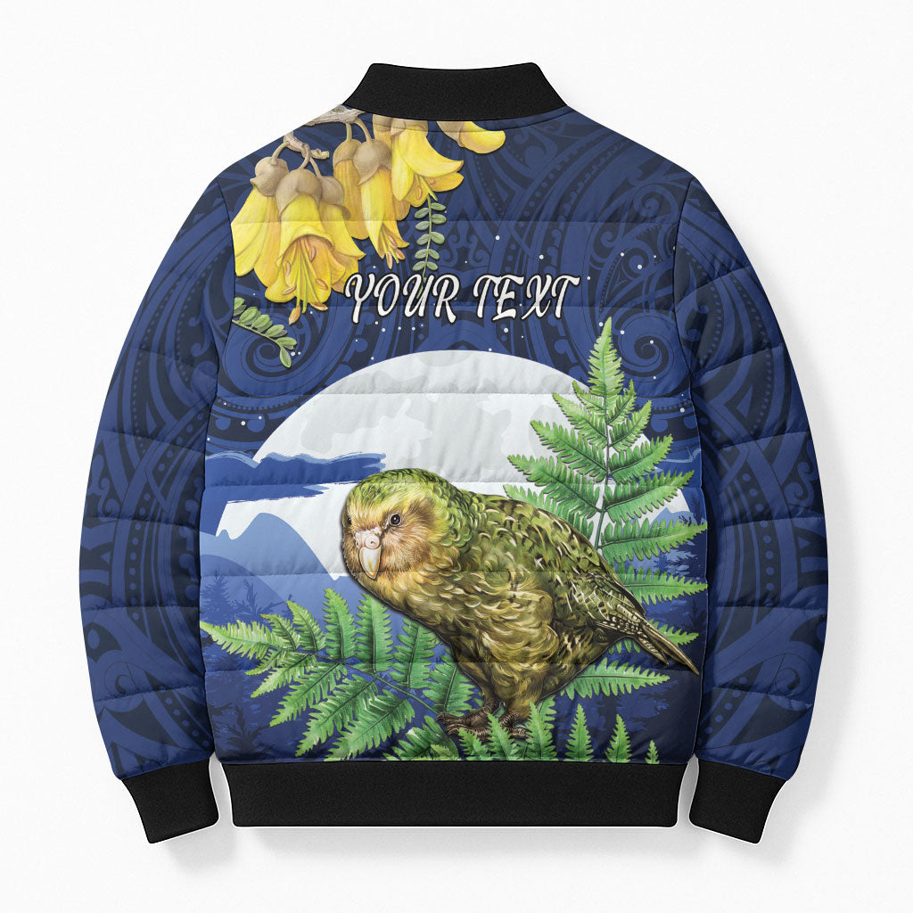 Kakapo New Zealand Personalised Bomber Puffer Jacket Kowhai Flower Silver Fern Maori Pattern LT22 - Polynesian Pride
