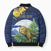 Kakapo New Zealand Personalised Bomber Puffer Jacket Kowhai Flower Silver Fern Maori Pattern LT22 - Polynesian Pride