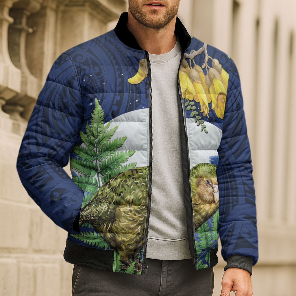 Kakapo New Zealand Personalised Bomber Puffer Jacket Kowhai Flower Silver Fern Maori Pattern LT22 - Polynesian Pride