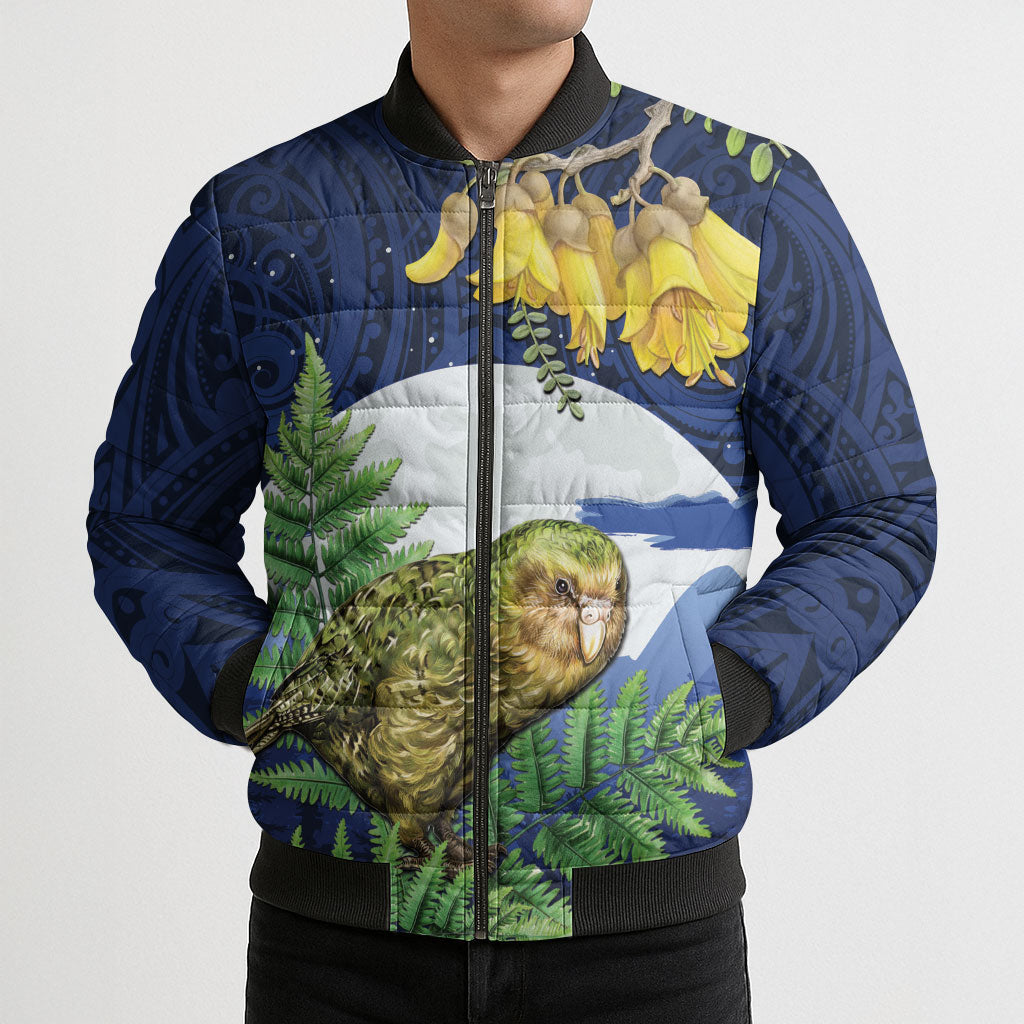 Kakapo New Zealand Personalised Bomber Puffer Jacket Kowhai Flower Silver Fern Maori Pattern LT22 - Polynesian Pride