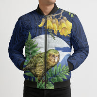 Kakapo New Zealand Personalised Bomber Puffer Jacket Kowhai Flower Silver Fern Maori Pattern LT22 - Polynesian Pride
