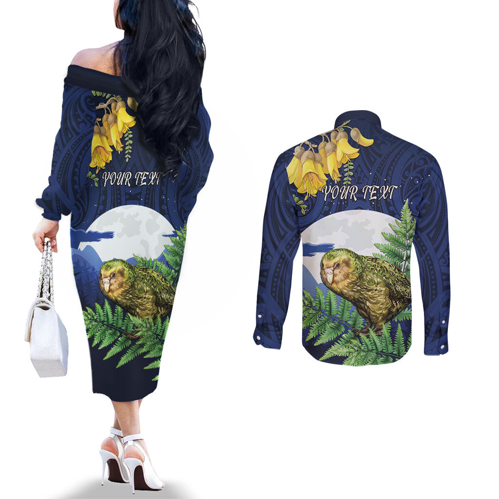 Kakapo New Zealand Personalised Couples Matching Off The Shoulder Long Sleeve Dress and Long Sleeve Button Shirt Kowhai Flower Silver Fern Maori Pattern