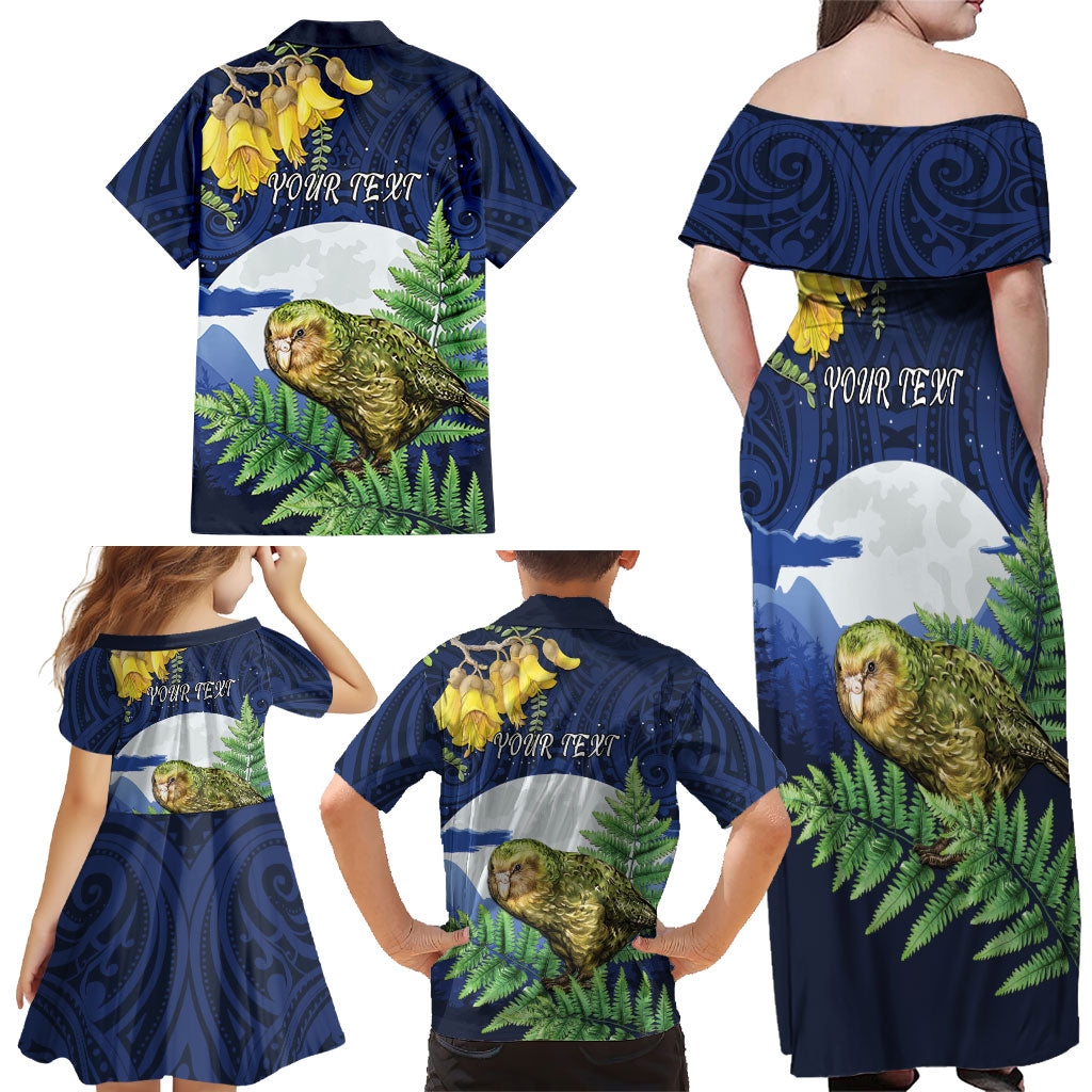 Kakapo New Zealand Personalised Family Matching Off Shoulder Maxi Dress and Hawaiian Shirt Kowhai Flower Silver Fern Maori Pattern
