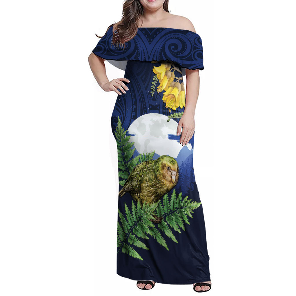 Kakapo New Zealand Personalised Family Matching Off Shoulder Maxi Dress and Hawaiian Shirt Kowhai Flower Silver Fern Maori Pattern