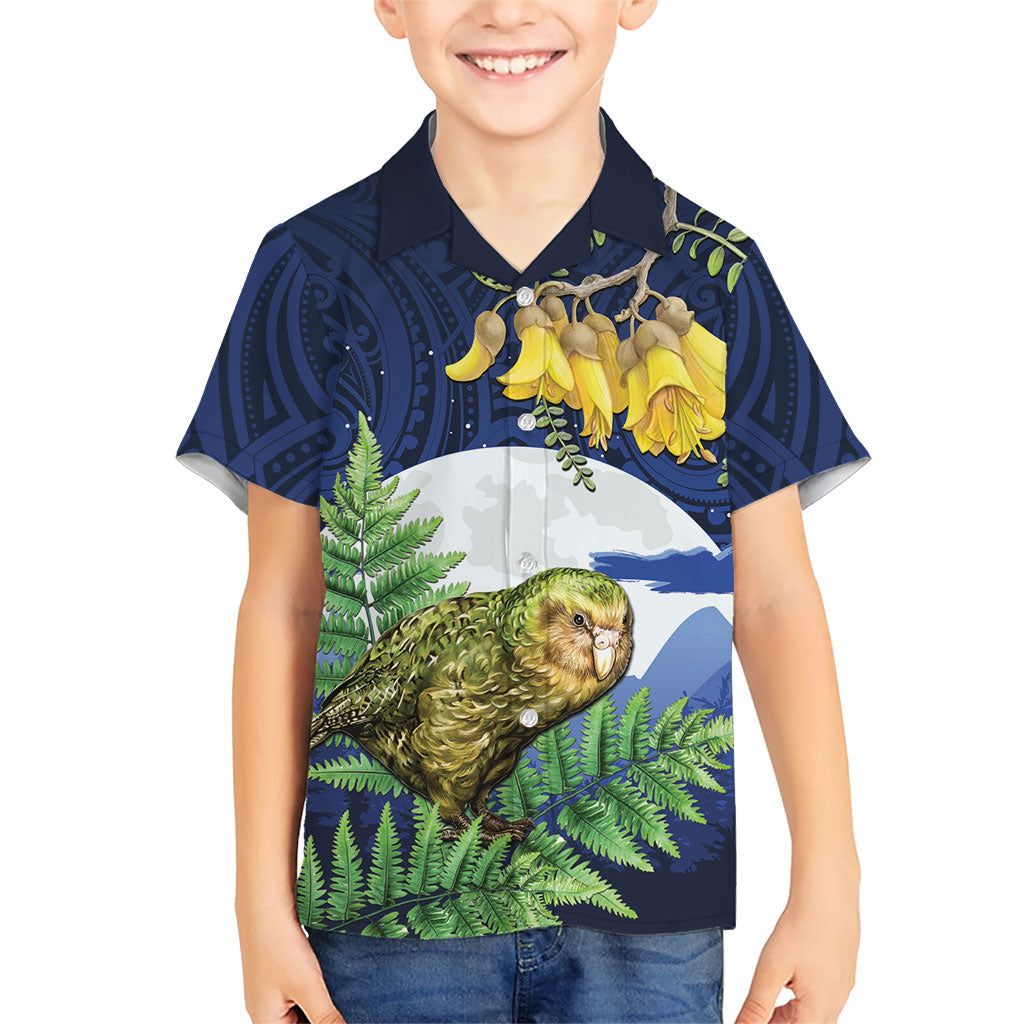 Kakapo New Zealand Personalised Family Matching Off Shoulder Short Dress and Hawaiian Shirt Kowhai Flower Silver Fern Maori Pattern
