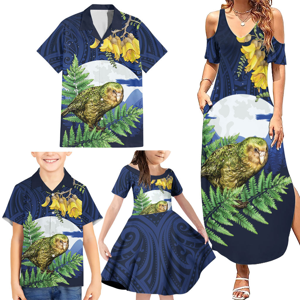 Kakapo New Zealand Personalised Family Matching Summer Maxi Dress and Hawaiian Shirt Kowhai Flower Silver Fern Maori Pattern