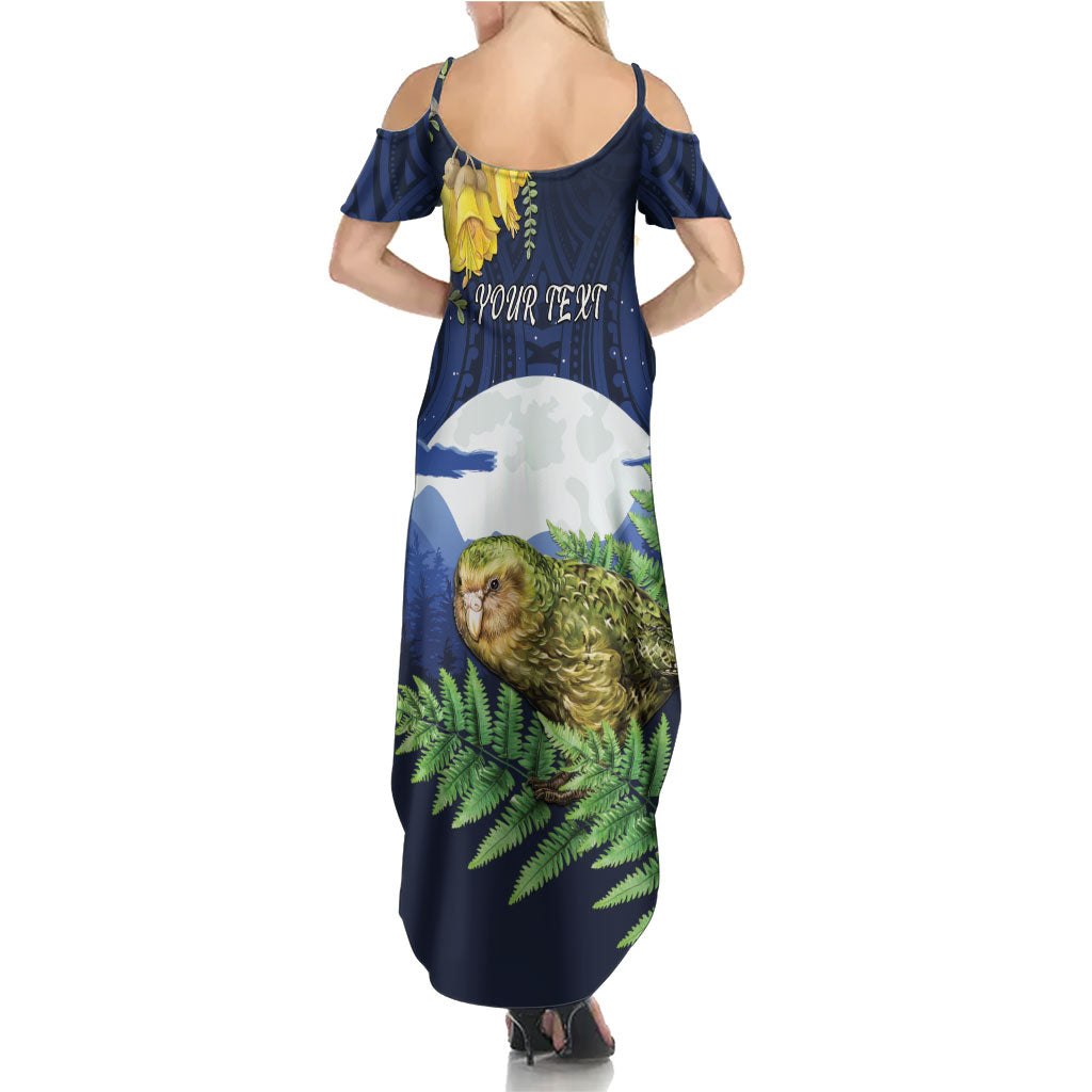 Kakapo New Zealand Personalised Family Matching Summer Maxi Dress and Hawaiian Shirt Kowhai Flower Silver Fern Maori Pattern