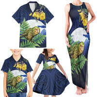 Kakapo New Zealand Personalised Family Matching Tank Maxi Dress and Hawaiian Shirt Kowhai Flower Silver Fern Maori Pattern