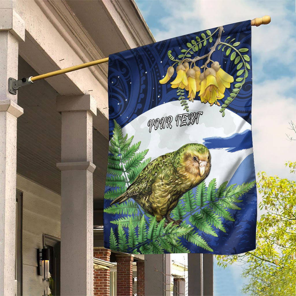 Kakapo New Zealand Personalised Garden Flag Kowhai Flower Silver Fern Maori Pattern LT22 House Flag Blue - Polynesian Pride