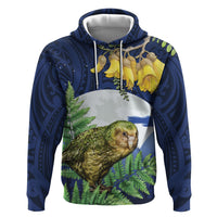 Kakapo New Zealand Personalised Hoodie Kowhai Flower Silver Fern Maori Pattern LT22 Pullover Hoodie Blue - Polynesian Pride