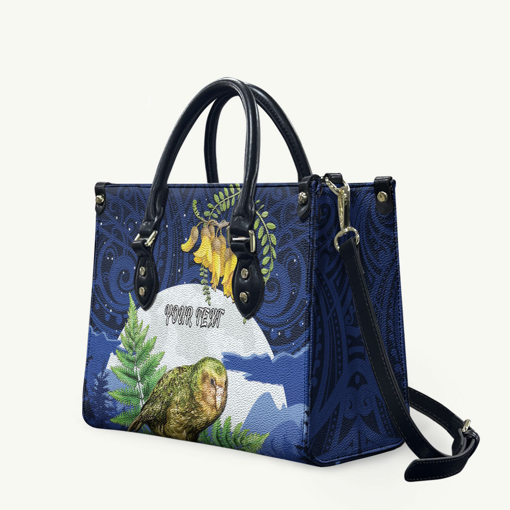 Kakapo New Zealand Personalised Leather Bag Kowhai Flower Silver Fern Maori Pattern LT22 Blue - Polynesian Pride