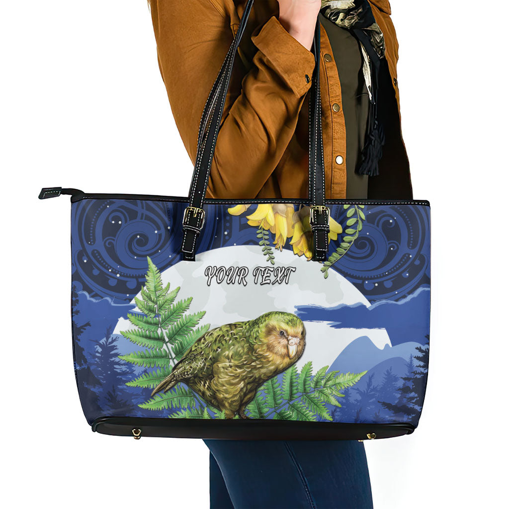 Kakapo New Zealand Personalised Leather Tote Bag Kowhai Flower Silver Fern Maori Pattern LT22 - Polynesian Pride