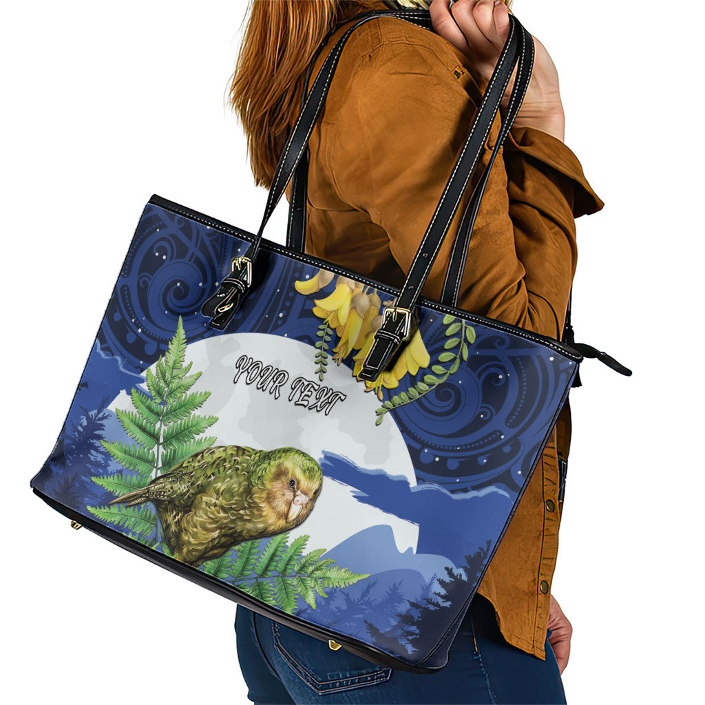 Kakapo New Zealand Personalised Leather Tote Bag Kowhai Flower Silver Fern Maori Pattern LT22 - Polynesian Pride