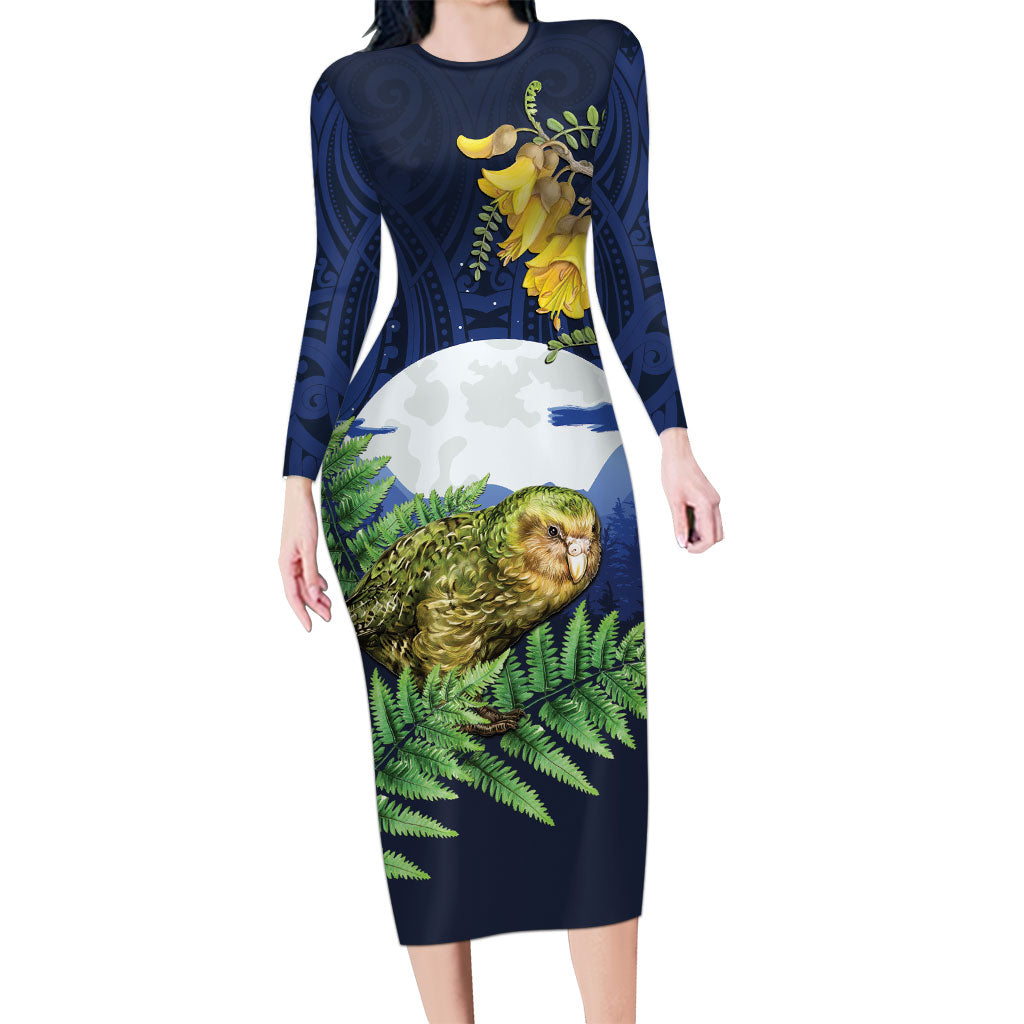 Kakapo New Zealand Personalised Long Sleeve Bodycon Dress Kowhai Flower Silver Fern Maori Pattern LT22 Long Dress Blue - Polynesian Pride