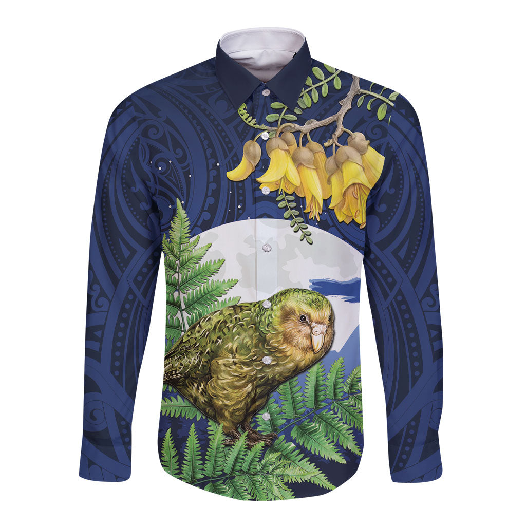 Kakapo New Zealand Personalised Long Sleeve Button Shirt Kowhai Flower Silver Fern Maori Pattern LT22 Unisex Blue - Polynesian Pride
