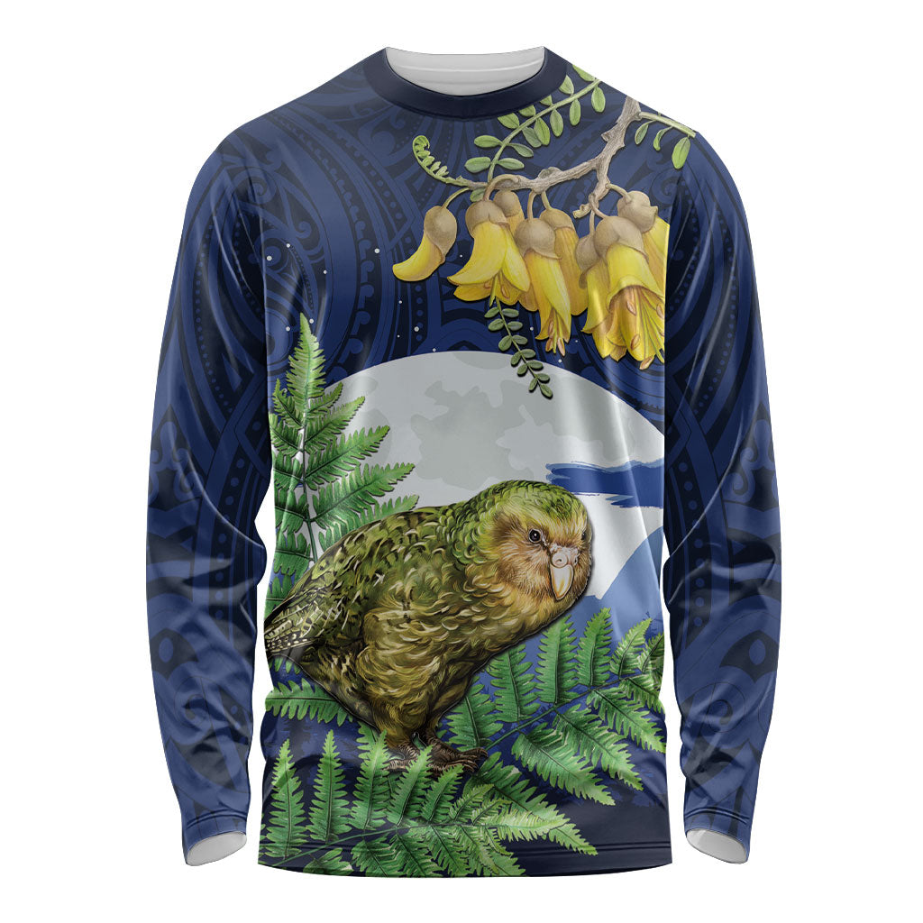 Kakapo New Zealand Personalised Long Sleeve Shirt Kowhai Flower Silver Fern Maori Pattern LT22 Unisex Blue - Polynesian Pride