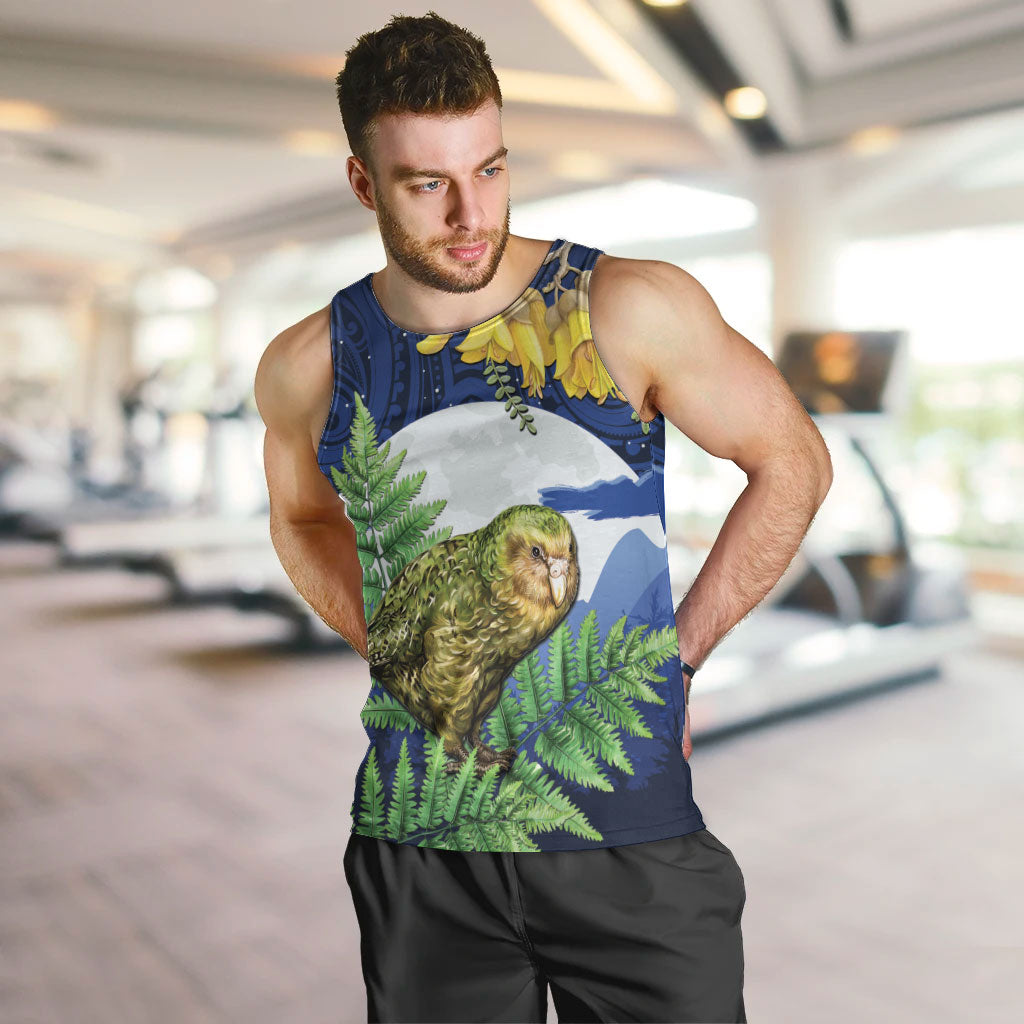 Kakapo New Zealand Personalised Men Tank Top Kowhai Flower Silver Fern Maori Pattern LT22 Blue - Polynesian Pride