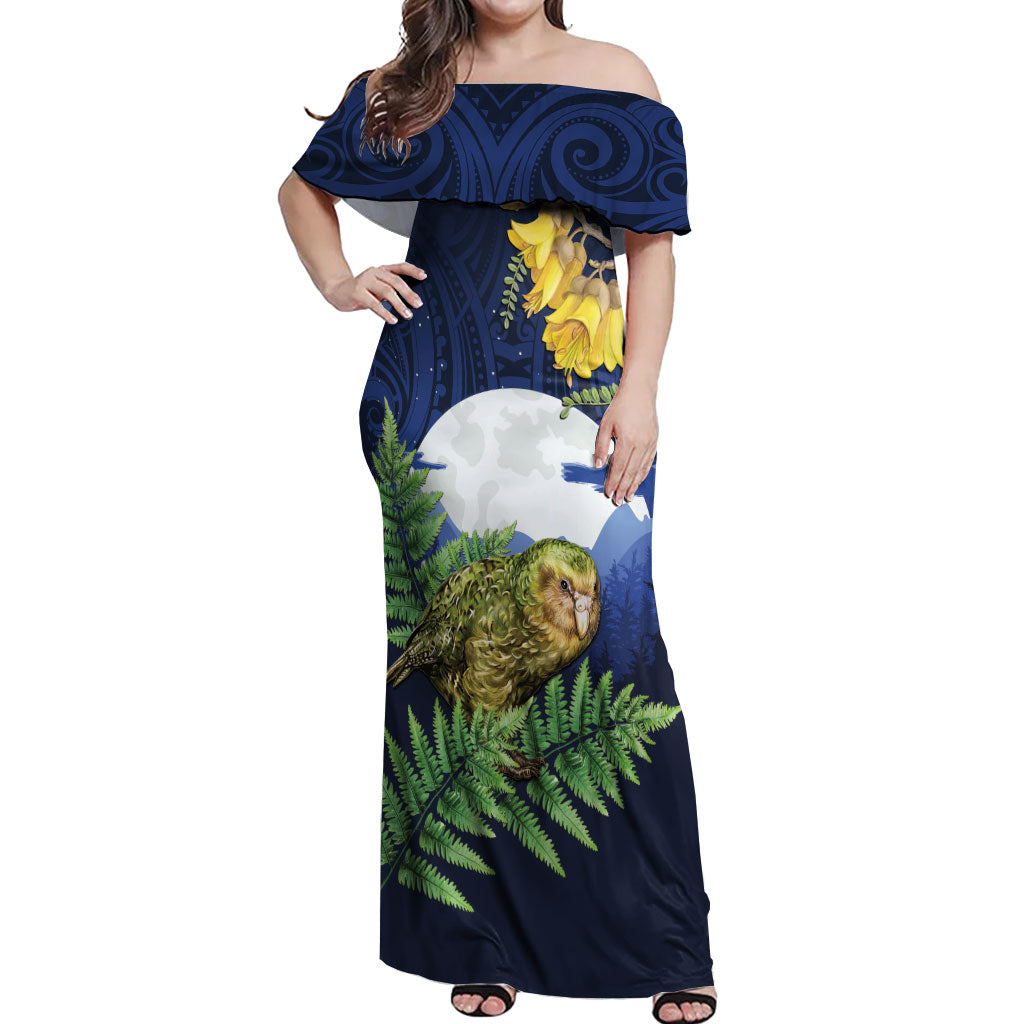 Kakapo New Zealand Personalised Off Shoulder Maxi Dress Kowhai Flower Silver Fern Maori Pattern LT22 Women Blue - Polynesian Pride
