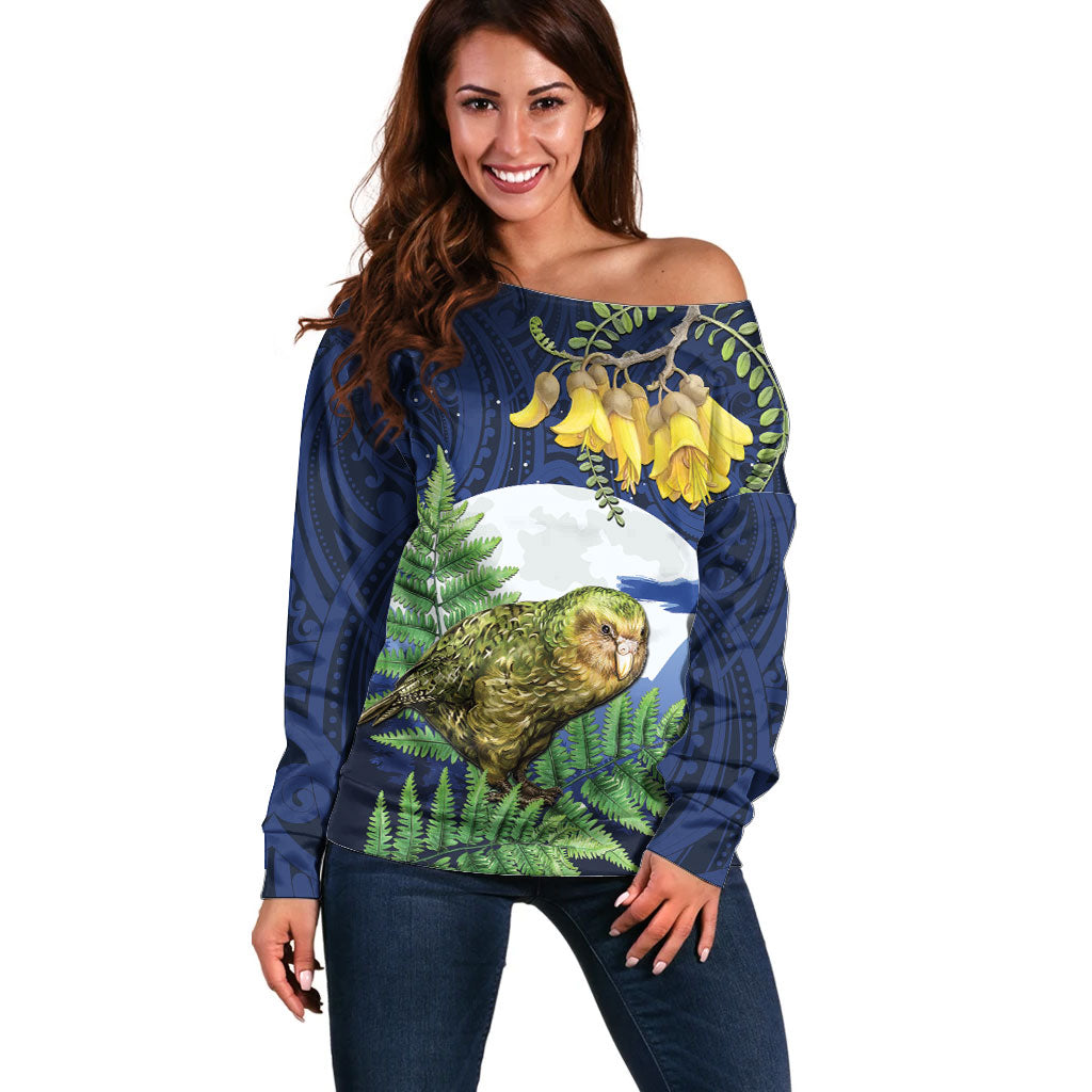 Kakapo New Zealand Personalised Off Shoulder Sweater Kowhai Flower Silver Fern Maori Pattern LT22 Women Blue - Polynesian Pride