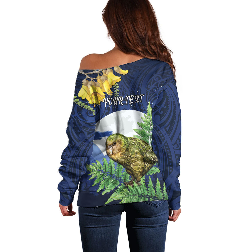 Kakapo New Zealand Personalised Off Shoulder Sweater Kowhai Flower Silver Fern Maori Pattern LT22 - Polynesian Pride