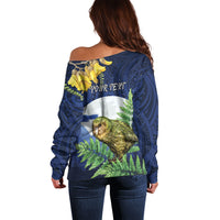 Kakapo New Zealand Personalised Off Shoulder Sweater Kowhai Flower Silver Fern Maori Pattern LT22 - Polynesian Pride