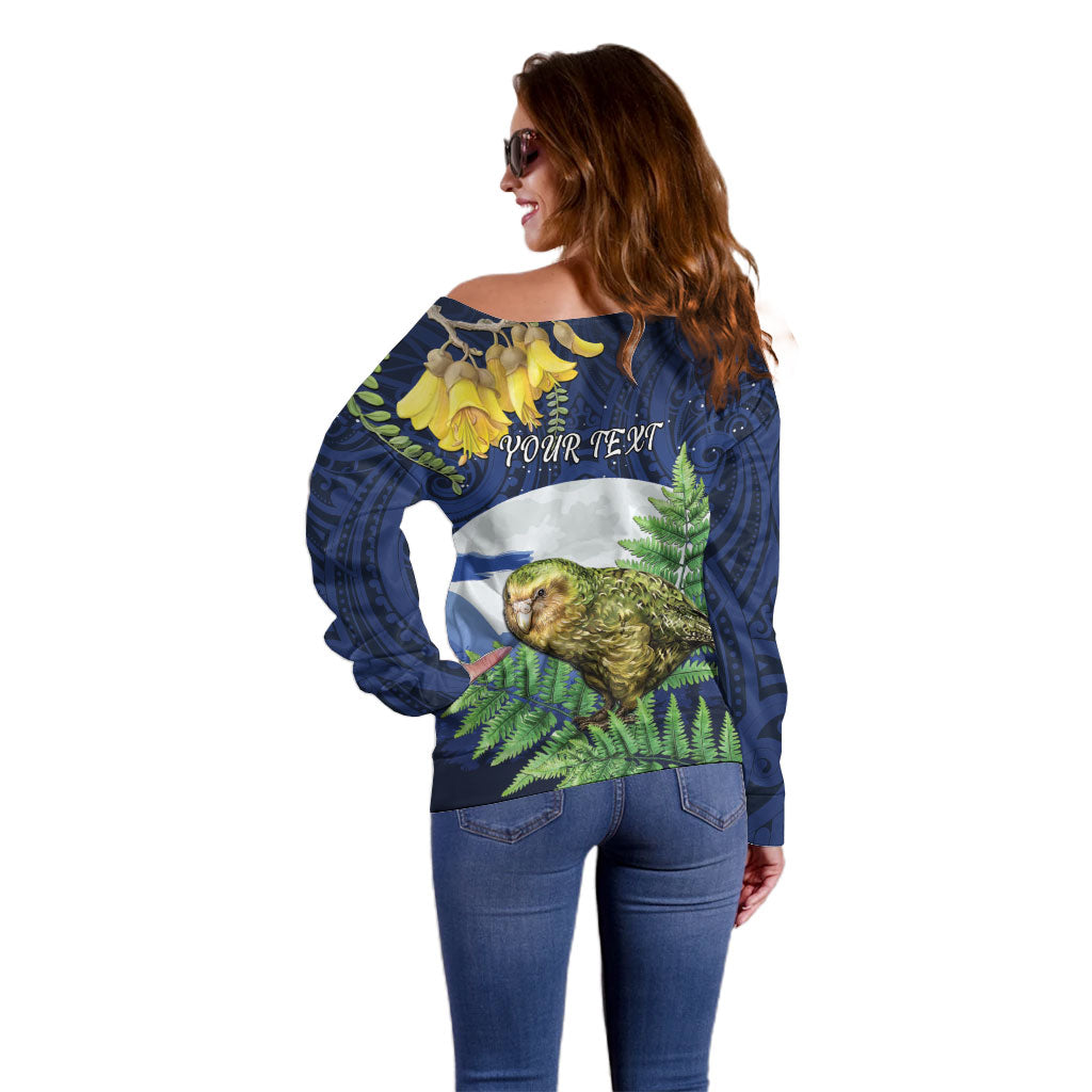 Kakapo New Zealand Personalised Off Shoulder Sweater Kowhai Flower Silver Fern Maori Pattern LT22 - Polynesian Pride