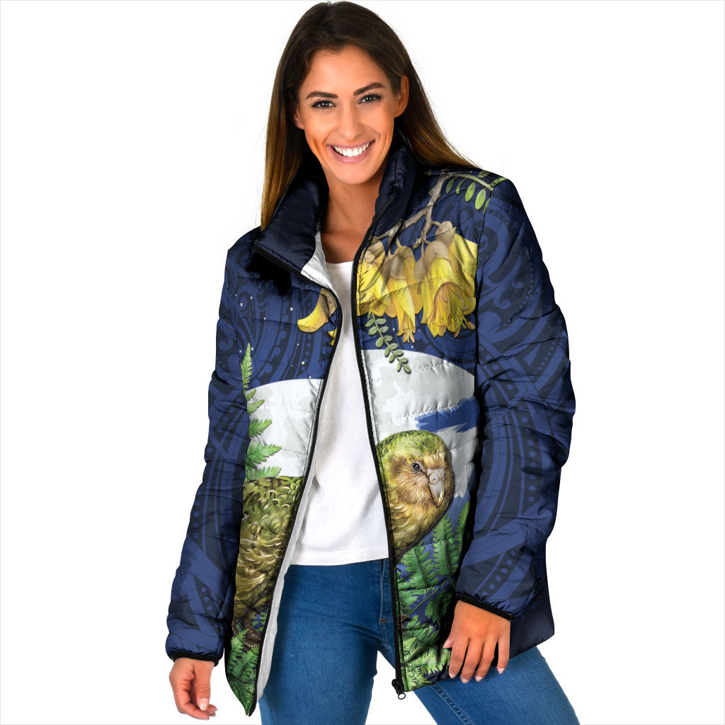 Kakapo New Zealand Personalised Padded Jacket Kowhai Flower Silver Fern Maori Pattern LT22 Women Blue - Polynesian Pride