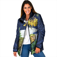 Kakapo New Zealand Personalised Padded Jacket Kowhai Flower Silver Fern Maori Pattern LT22 Women Blue - Polynesian Pride