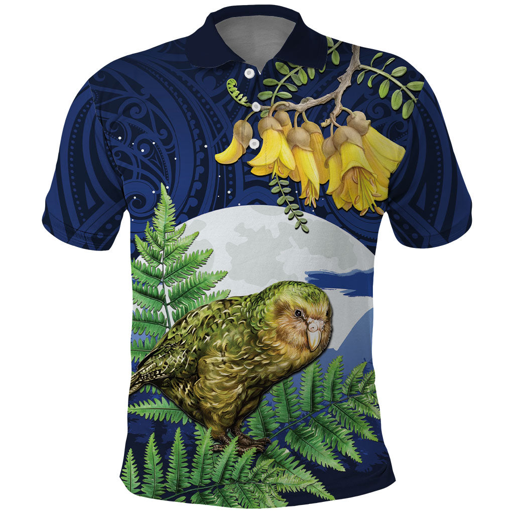 Kakapo New Zealand Personalised Polo Shirt Kowhai Flower Silver Fern Maori Pattern