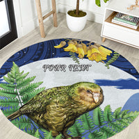 Kakapo New Zealand Personalised Round Carpet Kowhai Flower Silver Fern Maori Pattern LT22 Blue - Polynesian Pride