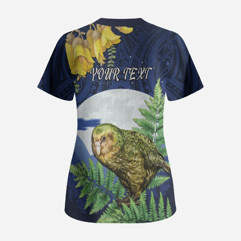 Kakapo New Zealand Personalised Scrub Top Kowhai Flower Silver Fern Maori Pattern LT22 - Polynesian Pride