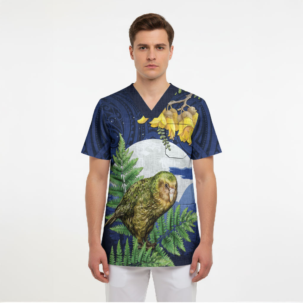 Kakapo New Zealand Personalised Scrub Top Kowhai Flower Silver Fern Maori Pattern LT22 - Polynesian Pride