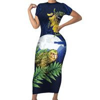 Kakapo New Zealand Personalised Short Sleeve Bodycon Dress Kowhai Flower Silver Fern Maori Pattern